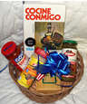 Gift Basket with a Hard Cover Cocina Conmigo Recipe Book, Sofrito goya, Adobo Bohio, Recaito Criollo Bohio, Tostonera de Tostones Rellenos and a Key Chain, Tostones